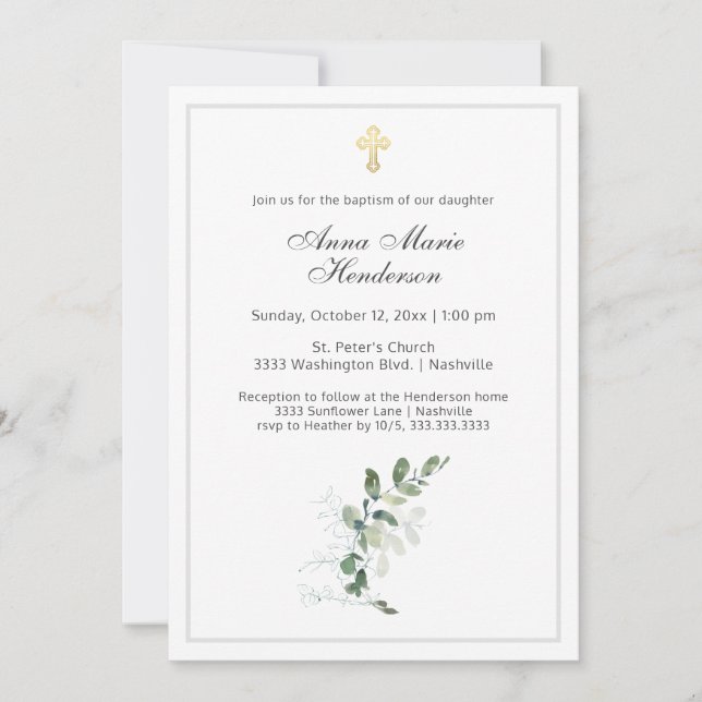 Invitation Baptême Croix Or de Verdure d'Eucalyptus  (Devant)