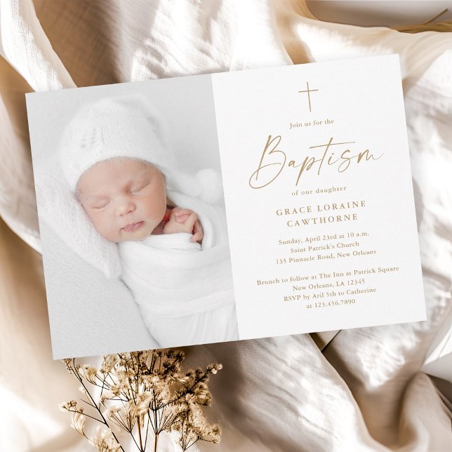 Invitation Baptême Croix Or Écriture Moderne (Modern script gold cross baby photo baptism invitation.)