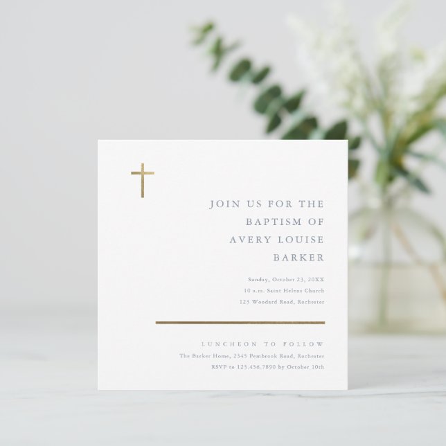Invitation Baptême Croix Or Minimal Moderne (Debout devant)