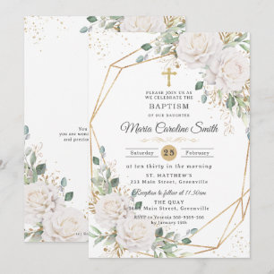 Invitation Baptême Croix Or Roses Florales Blanches