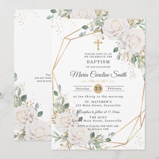 Invitation Baptême Croix Or Roses Florales Blanches  (Devant / Derrière)