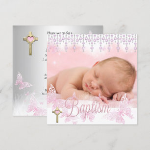 Invitation Baptême Croix Papillon Rose Argent