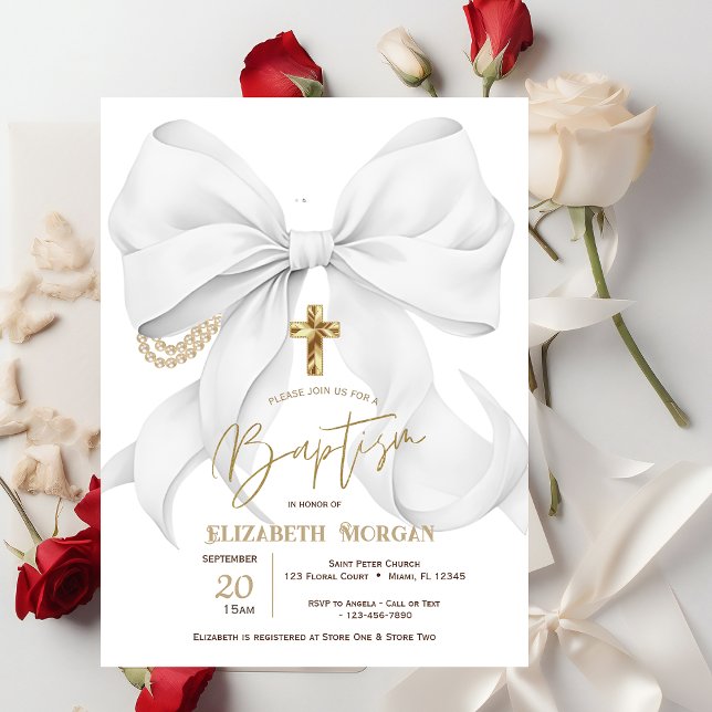 Invitation Baptême Croix Perles Points Arc Blanc Élégant (Créateur téléchargé)