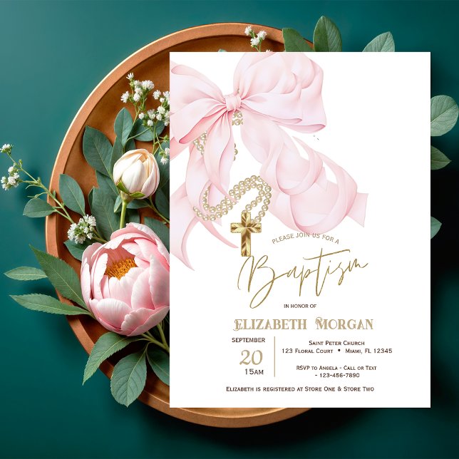 Invitation Baptême Croix Points Perles Arc Rose Aquarelle (Créateur téléchargé)