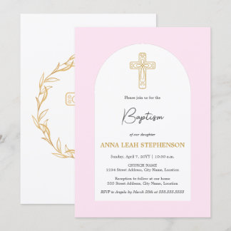 Invitation Baptême Croix Rose et Or Minimaliste