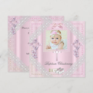 Invitation Baptême Croix Rose Fille Photo baptême Dentelle 2