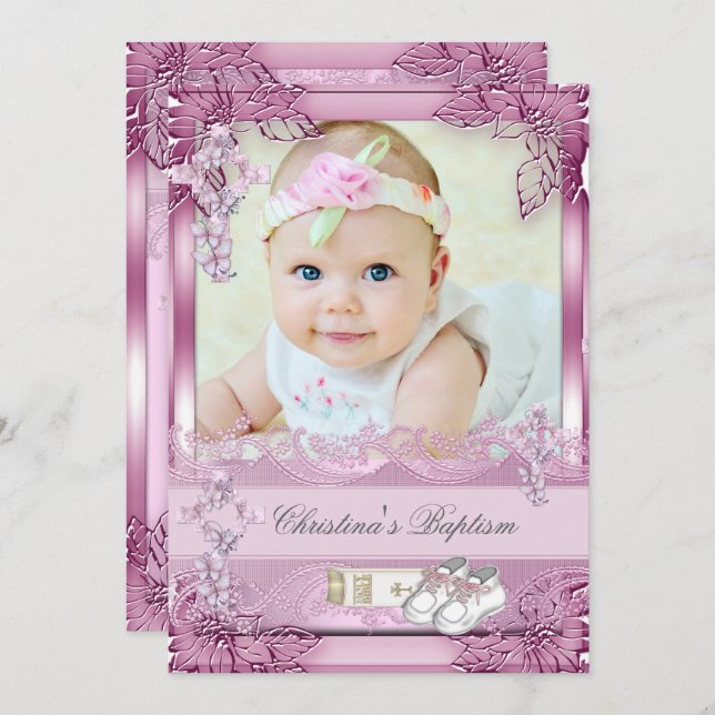 Invitation Baptême Croix rose Fille Photo baptême Floral (Devant / Derrière)