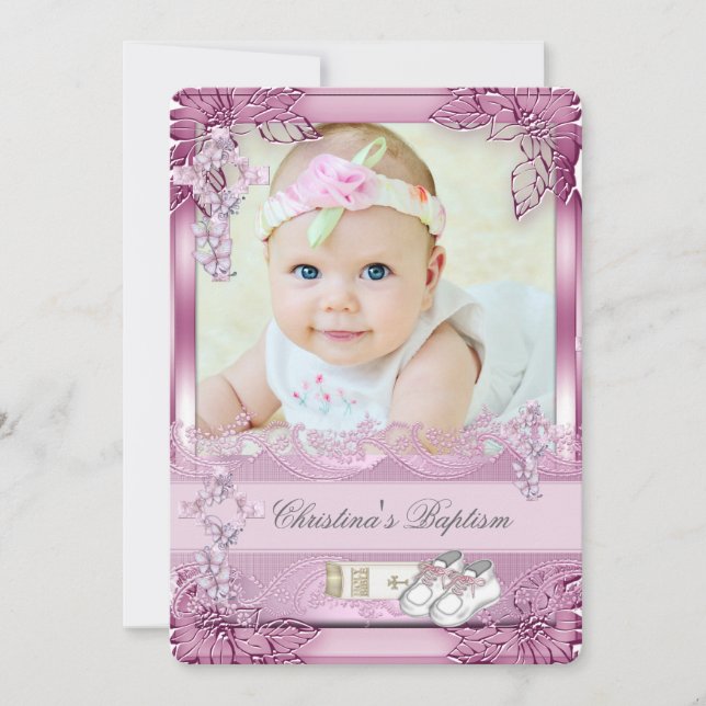 Invitation Baptême Croix rose Fille Photo baptême Floral (Devant)