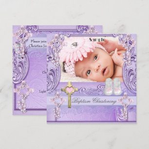 Invitation Baptême Croix Rose Lilas Fille Photo Christening