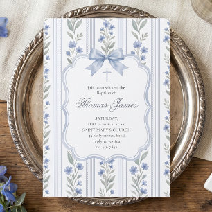 Invitation Baptême Croix Ruban Chinoiserie Bleu Floral