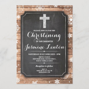 Invitation Baptême Cross Christening Wood Christmas Snow