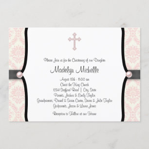 Invitation Baptême damassé noir et rose