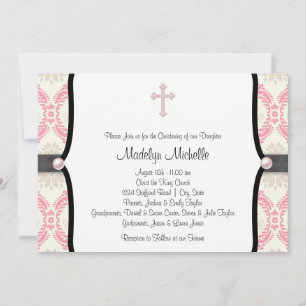 Invitation Baptême damassé noir et rose