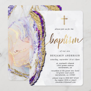 Invitation Baptême d'aquarelle de pierre minérale dorée et bl