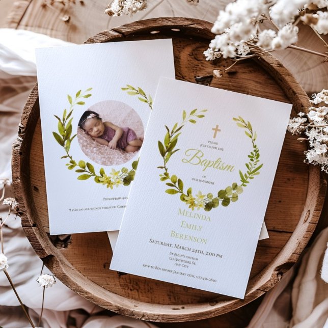 Invitation Baptême d'aquarelle florale rustique vert (Créateur téléchargé)