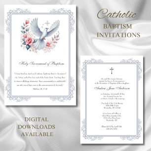 Invitation Baptême d'argent catholique Dove Roses roses roses