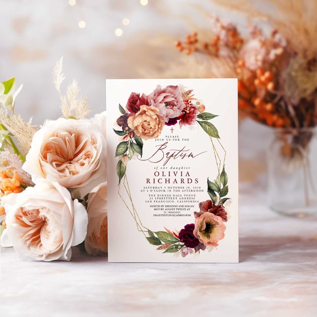 Invitation Baptême d'automne orange bleu bordeaux rouge flora (Fall Baptism Invitations)