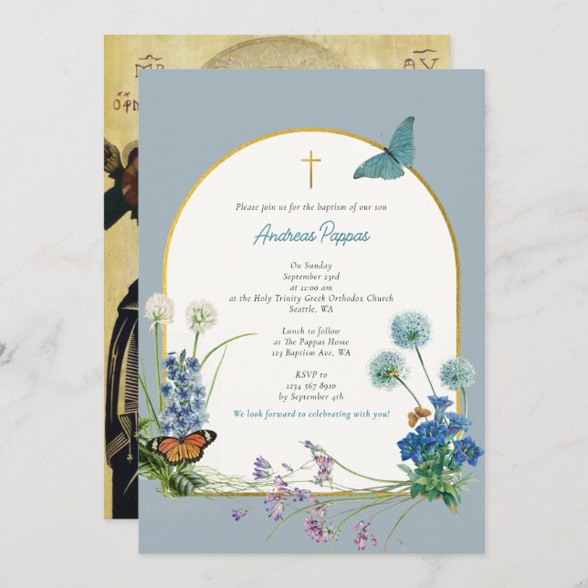 Invitation Baptême de baptême orthodoxe grecque Fleur sauvage (Devant / Derrière)