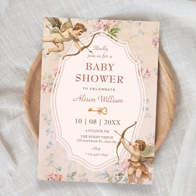 Invitation Baptême de bébé anges romantiques classiques vinta (Créateur téléchargé)