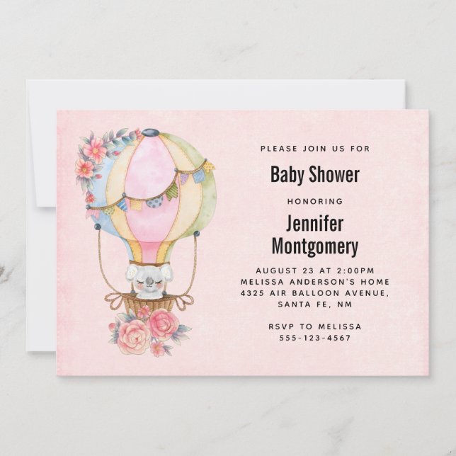 Invitation Baptême de Bébé Aquarelle Montgolfière Mignon (Devant)