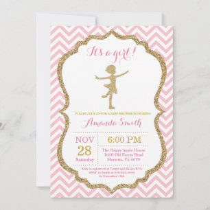 Invitation Baptême de bébé ballerine rose et paillettes dorée