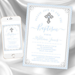 Invitation Baptême de bébé bleu argenté garçon