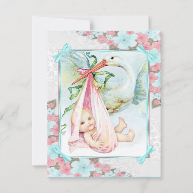 Invitation Baptême de bébé cigogne bleu sarcelle et rose (Devant)