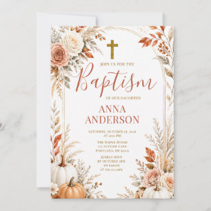 Invitation Baptême de bébé citrouille automne floral croix
