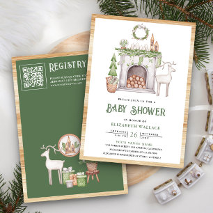Invitation Baptême de bébé Code QR Cheminée Noël scandinave