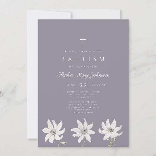 Invitation Baptême de bébé élégant floral de fleur sauvage (Devant)