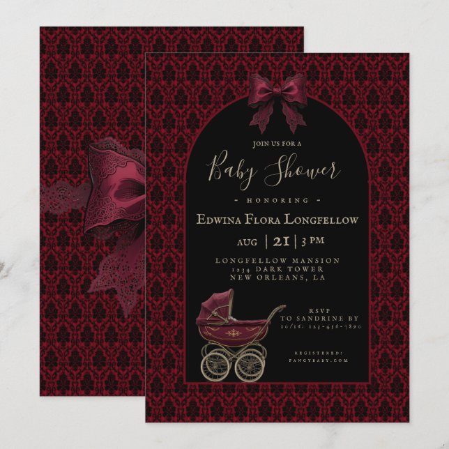 Invitation Baptême de bébé en Damassé Rouge Gothique Victorie (Devant / Derrière)