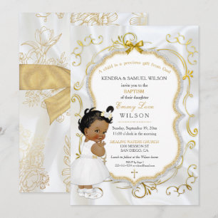 Invitation Baptême de bébé fille afro-américaine Croix en or