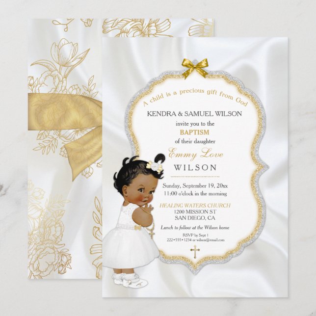 Invitation Baptême de bébé fille afro-américaine croix en or (Devant / Derrière)