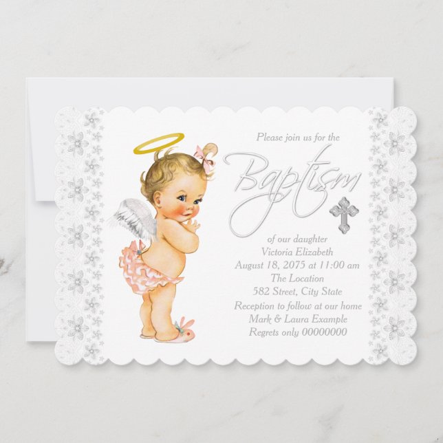 Invitation Baptême de bébé fille ange adorable (Devant)