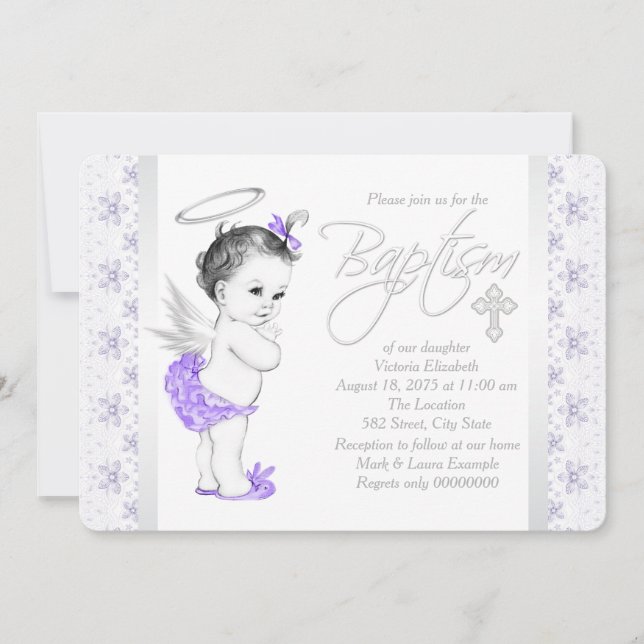 Invitation Baptême de bébé fille ange dentelle violette (Devant)