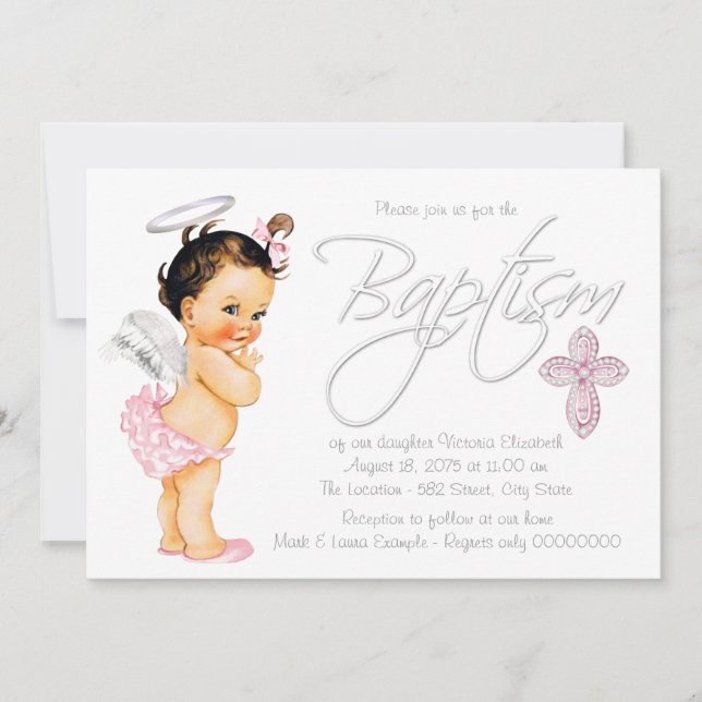 Invitation Baptême de bébé fille ange gris rose (Devant)