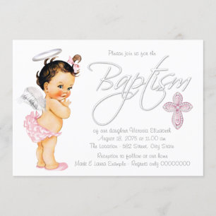 Invitation Baptême de bébé fille ange gris rose