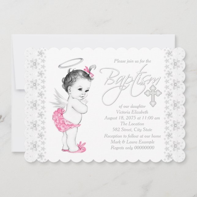 Invitation Baptême de bébé fille ange rose (Devant)
