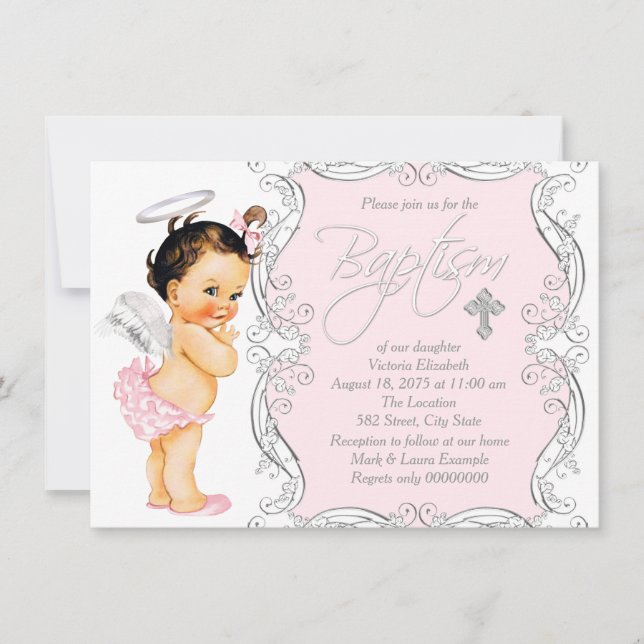 Invitation Baptême de Bébé Fille Ange Rose Pale (Devant)