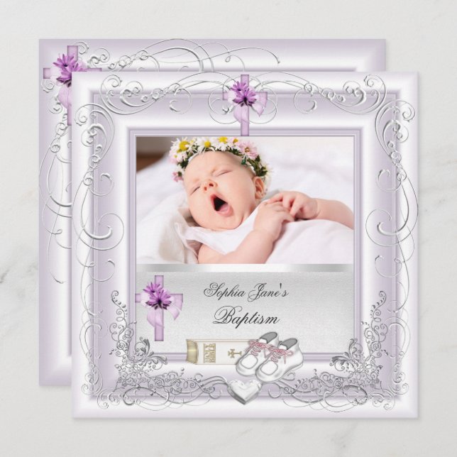 Invitation Baptême de Bébé Fille Blanc Lilas Rose (Devant / Derrière)