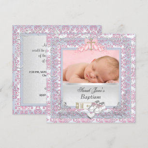 Invitation Baptême de Bébé Fille Blanc Rose
