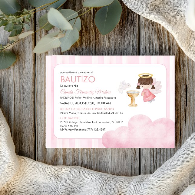 Invitation Baptême de bébé fille catholique Ange aquarelle mi (Créateur téléchargé)
