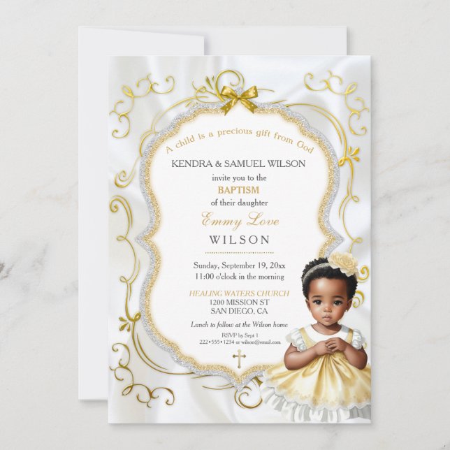 Invitation Baptême de bébé fille Communion Christening Or Bla (Devant)