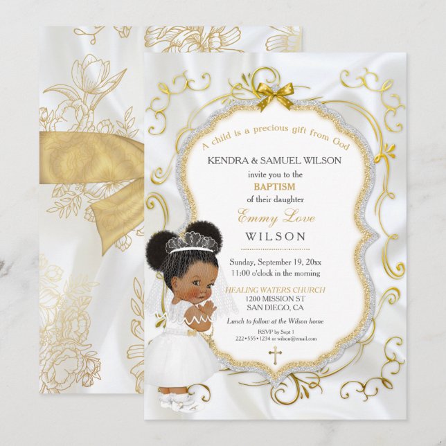 Invitation Baptême de bébé fille Communion Croix en or (Devant / Derrière)