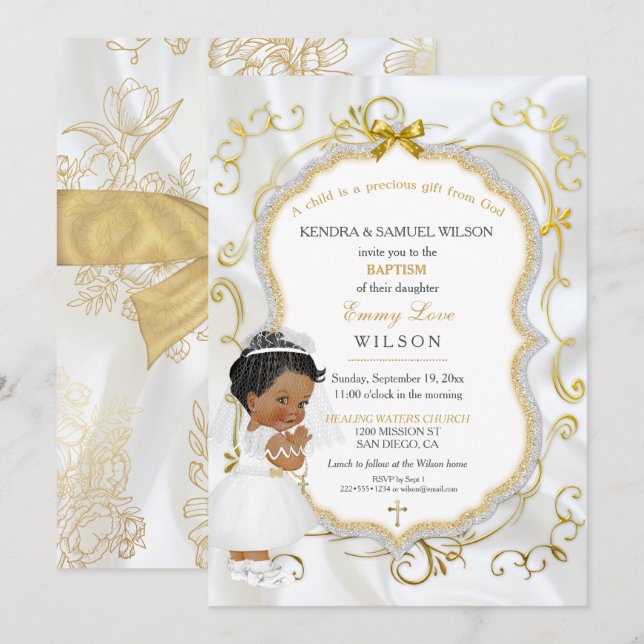 Invitation Baptême de bébé fille Communion Croix en or (Devant / Derrière)