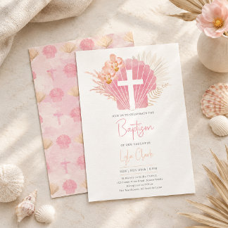 Invitation Baptême de Bébé Fille | Croix Coquillage Rose Bohè