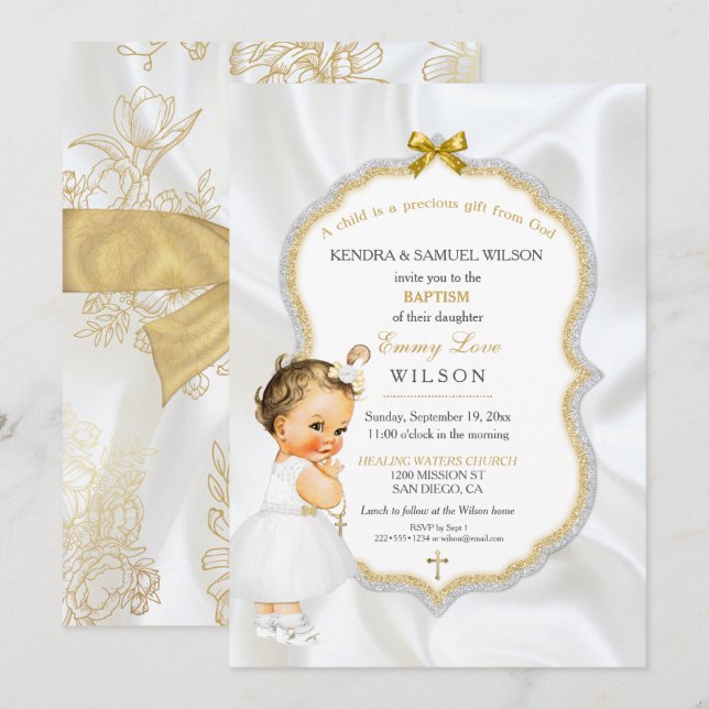 Invitation Baptême de bébé fille Croix dorée Paillettes (Devant / Derrière)