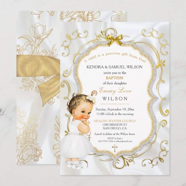 Invitation Baptême de bébé fille Croix dorée Paillettes (Devant / Derrière)