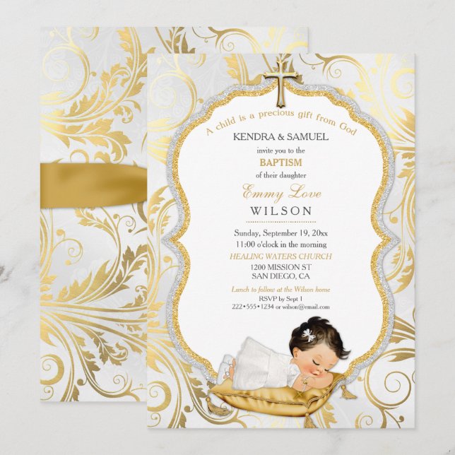 Invitation Baptême de bébé fille Croix en or (Devant / Derrière)