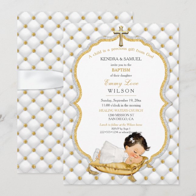 Invitation Baptême de bébé fille croix en or (Devant / Derrière)